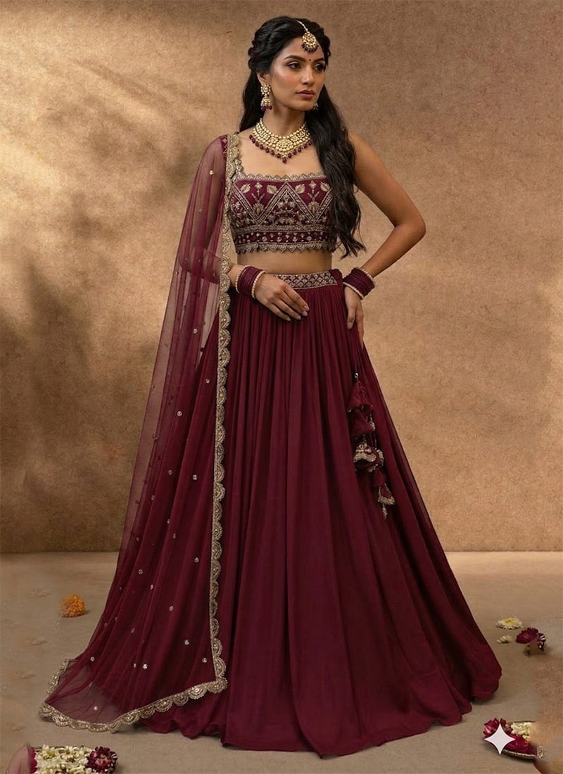 Maroon Georgette Hand Embroidered Sequins Lehenga Wedding Wear