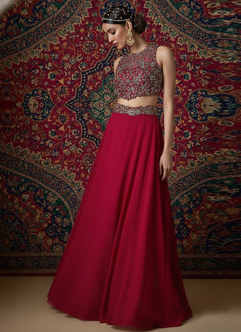 Maroon Georgette Hand Embroidered Sequins Lehenga Wedding Wear