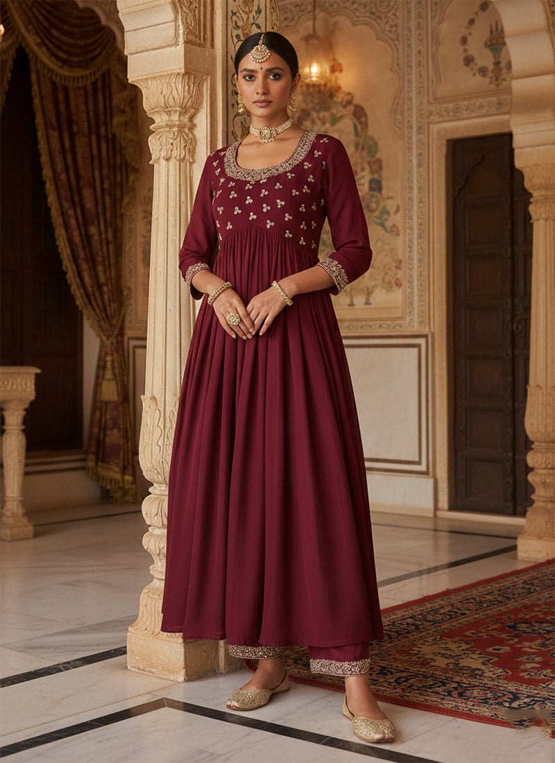 Maroon Georgette Hand Embroidered Sequins Pakistani Anarkali Suit Wedding Wear