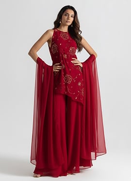 Maroon Georgette Hand Embroidered Sequins Palazzo Suit