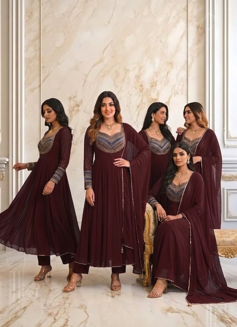 Maroon Georgette Hand Embroidered Sequins With Stone Work Anarkali Suit Wedding Wear