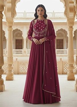 Maroon Georgette Hand Embroidered Stone And Beads Work A Line Anarkali Suit