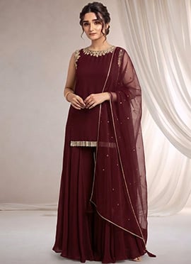 Maroon Georgette Hand Embroidered Zari Sequins Sharara Suit