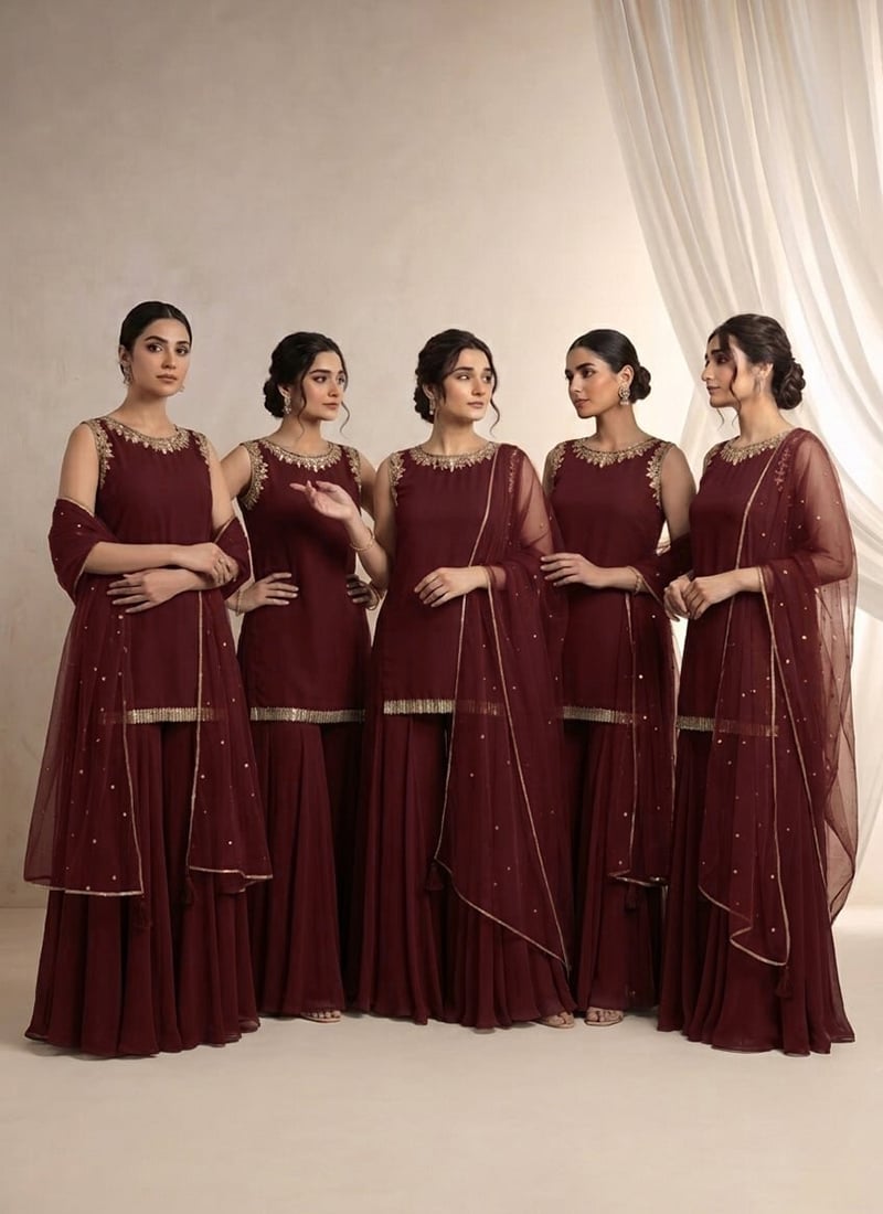 Maroon Georgette Hand Embroidered Zari Sequins Sharara Suit Festive Wear