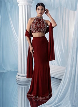 Maroon Georgette Hand Embroidered Zarkan Cut Dana Lehenga