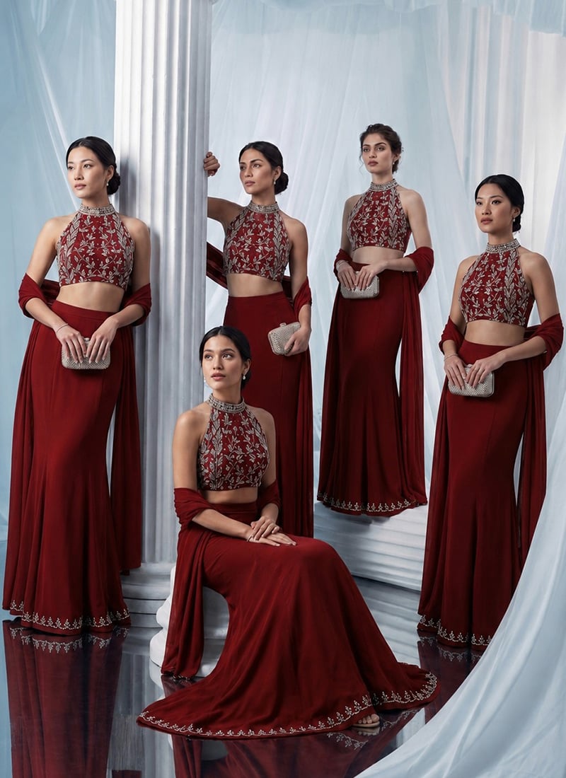 Maroon Georgette Hand Embroidered Zarkan Cut Dana Lehenga Wedding Wear