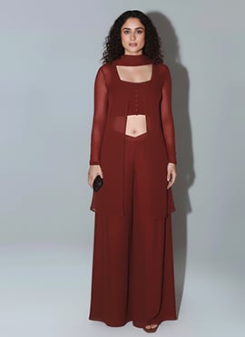 Maroon Georgette Indowestern Palazzo Set With Jacket