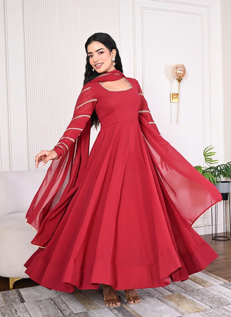 Maroon Georgette Lace Work Anarkali Suit Festive Wear