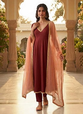 Maroon Georgette Lace Work Anarkali Suit