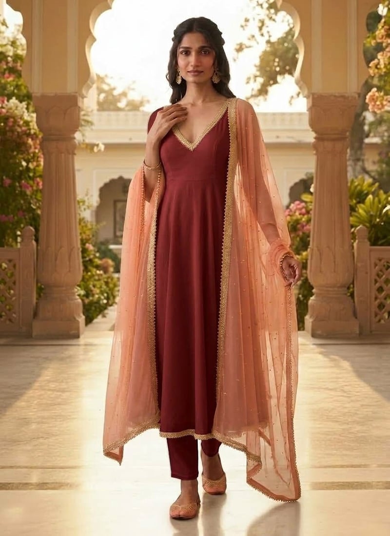 Maroon Georgette Lace Work Anarkali Suit After Six Wear