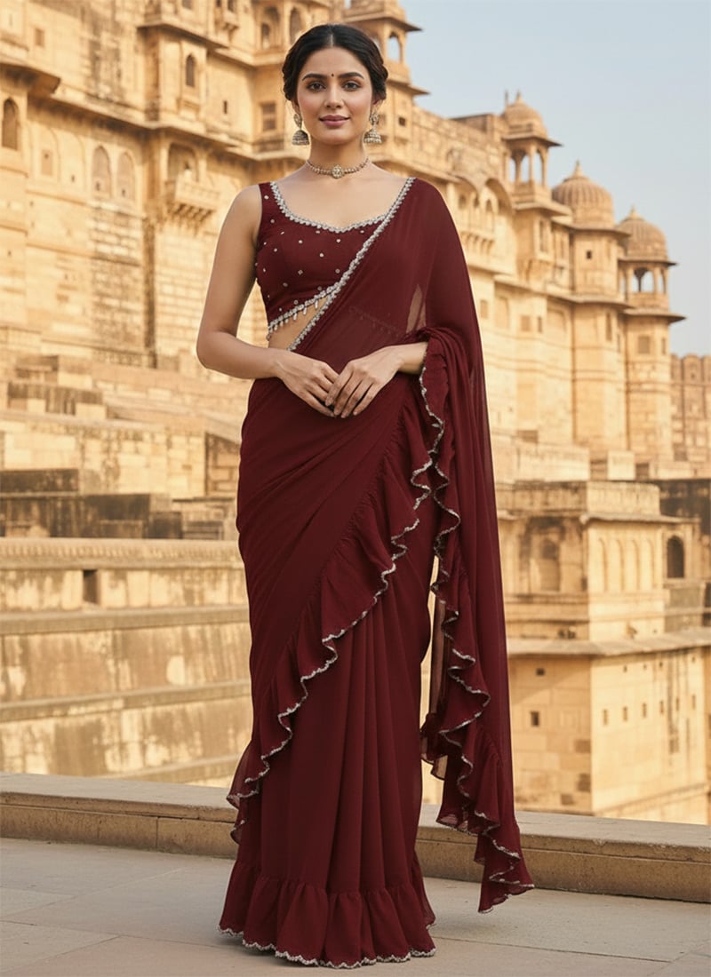 Maroon Georgette Pre Draped Ruffle Saree Wedding Wear