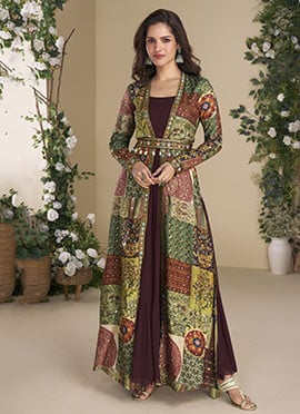Maroon Georgette Printed Embroidered Sequins Stones Mirror Work  Jacket With Gown