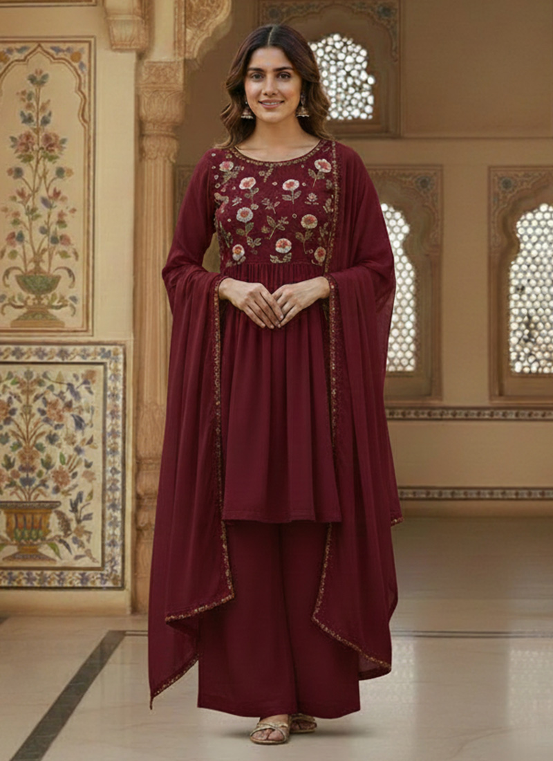 Maroon Georgette Resham Sequins Palazzo Suit Festive Wear