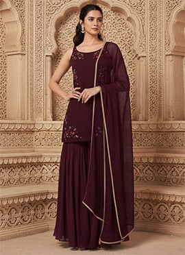 Maroon Georgette Resham Stones Hand Embroidered Sharara Suit