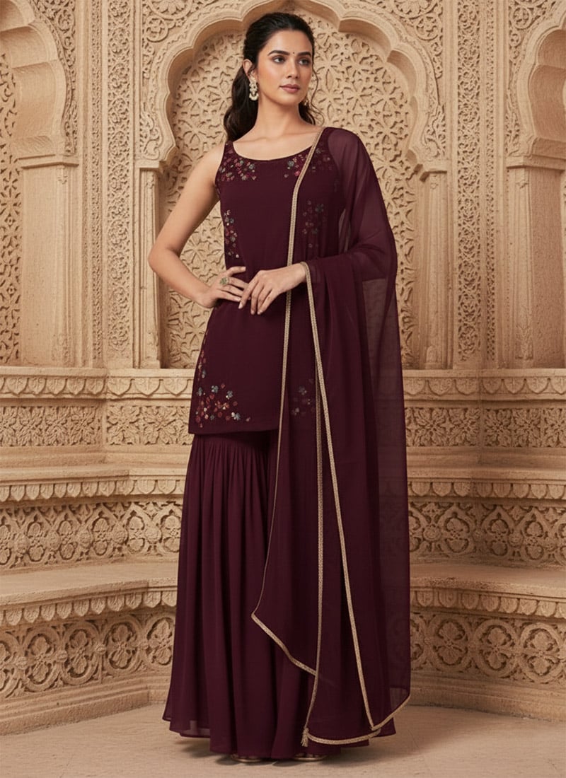 Maroon Georgette Resham Stones Hand Embroidered Sharara Suit Festive Wear