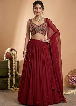 Maroon Georgette Sequins Cutdana Stone Hand Embroidery Lehenga