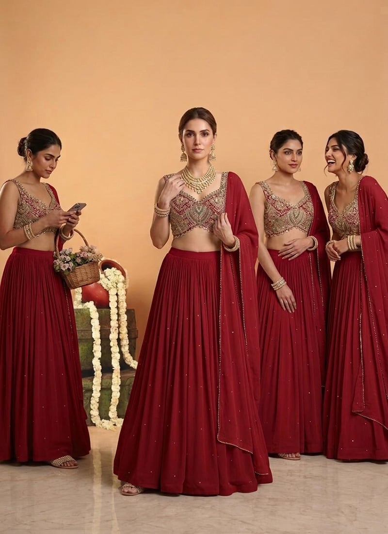 Maroon Georgette Sequins Cutdana Stone Hand Embroidery Lehenga Wedding Wear