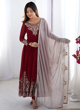 Maroon Georgette Sequins Embroidered Anarkali Suit