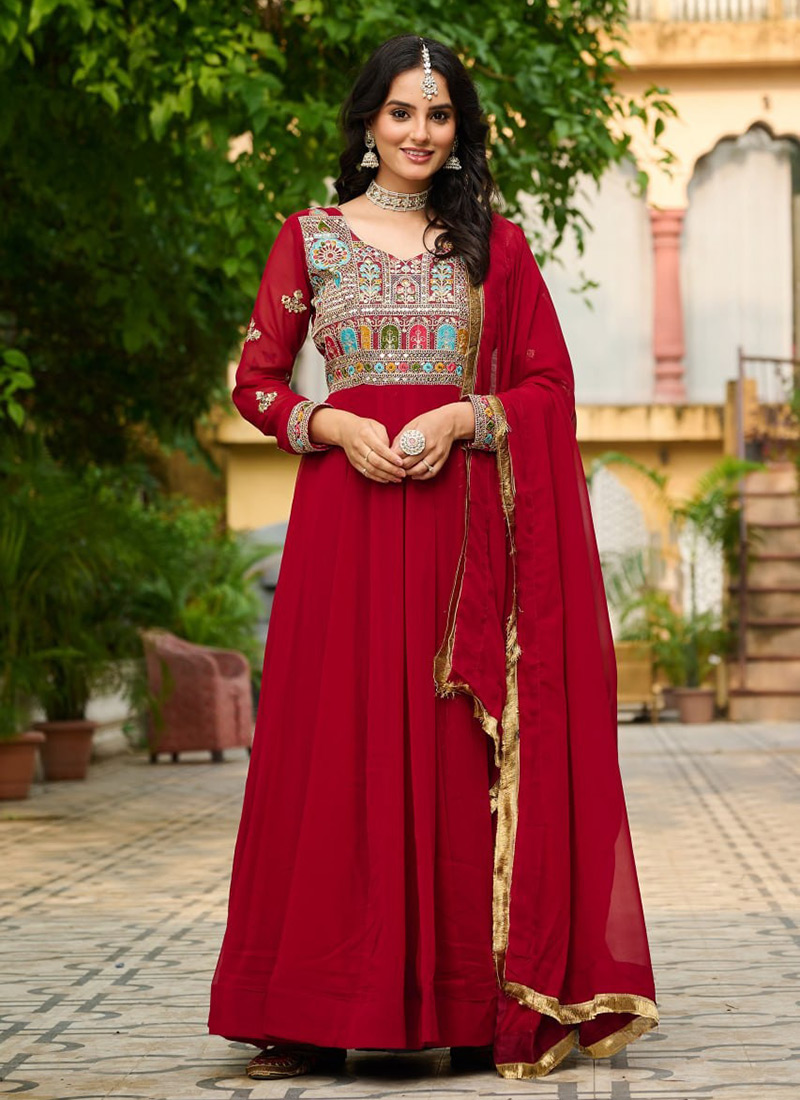 Maroon Georgette Sequins Embroidered Anarkali Suit