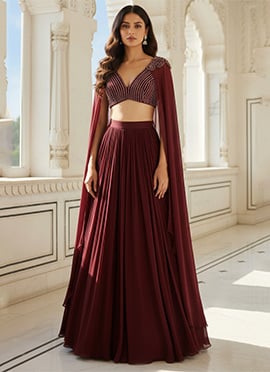 Maroon Georgette Sequins Hand Embroidered A Line Lehenga