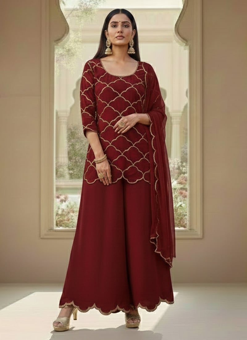 Maroon Georgette Sequins Palazzo Suit Festive Wear