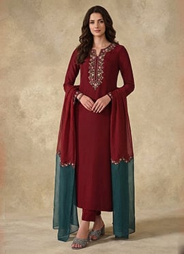 Maroon Georgette Sequins Straight Pant Suit