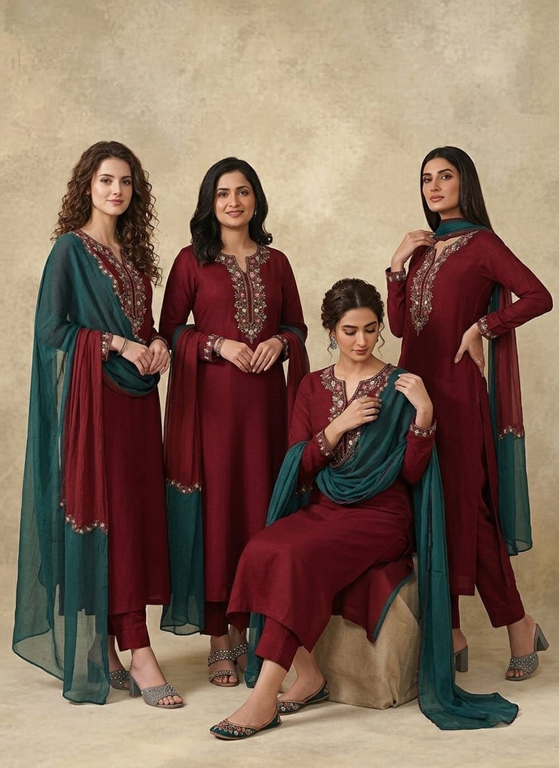 Maroon Georgette Sequins Straight Pant Suit Festive Wear