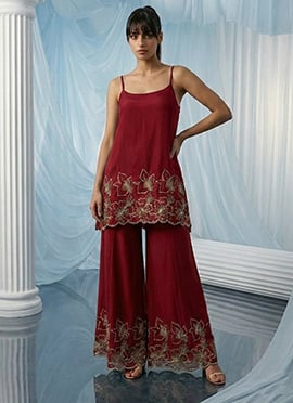 Maroon Georgette Sequins Zari Zardosi Hand Embroidered Indowestern Palazzo Set
