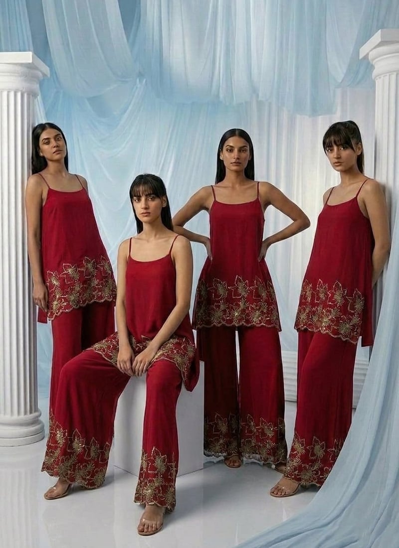 Maroon Georgette Sequins Zari Zardosi Hand Embroidered Indowestern Palazzo Set Wedding Wear