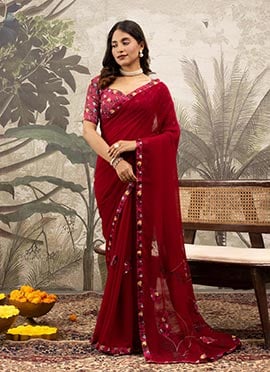 Maroon Georgette Silk Printed And Tikki Work Saree