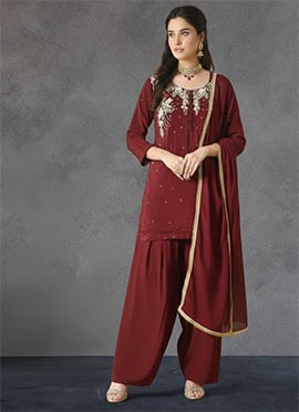 Maroon Georgette Stones Hand Embroidered Farshi Style Salwar Suit
