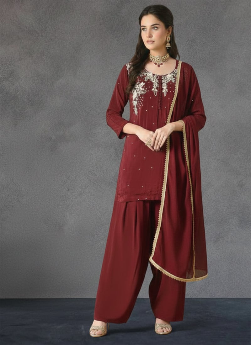 Maroon Georgette Stones Hand Embroidered Farshi Style Salwar Suit Festive Wear