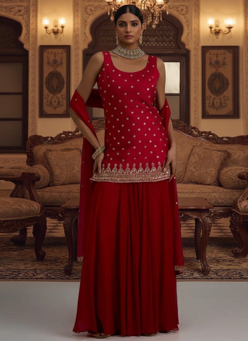 Maroon Georgette Zari And Sequins Hand Embroidered Palazzo Suit Festive Wear