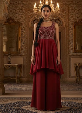 Maroon Georgette Zari And Sequins Hand Embroidered Palazzo Suit
