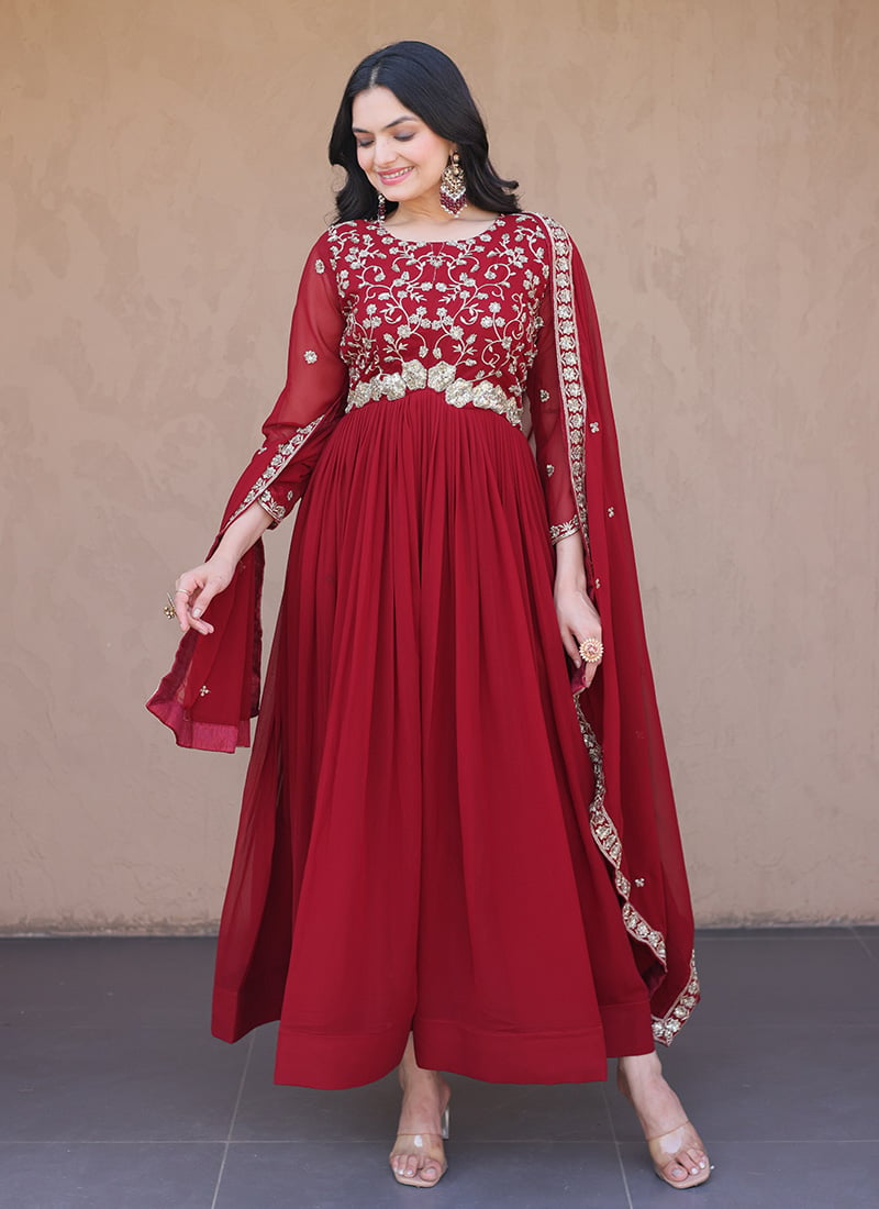 Maroon Georgette Zari Embroidered Anarkali Suit Festive Wear