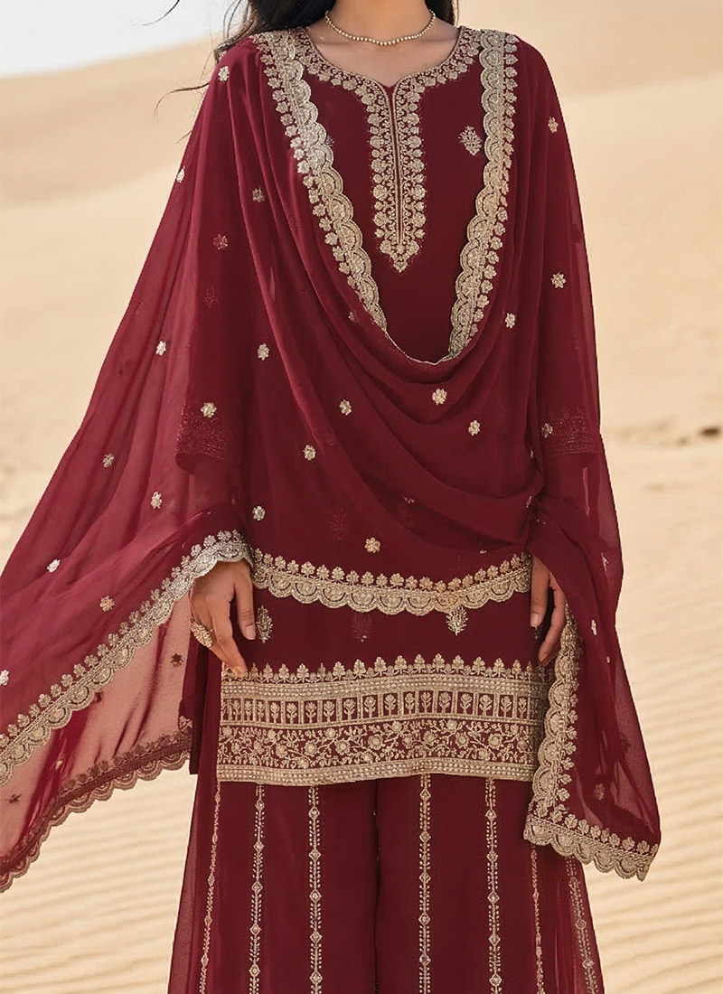 Voilet Georgette Zari And Sequins Embroidered Suit With Embroidered Palazzo