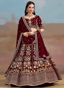 Maroon Georgette Zari Embroidered Sequins Lehenga