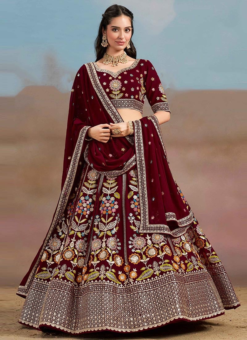 Maroon Georgette Zari Embroidered Sequins Lehenga Wedding Wear