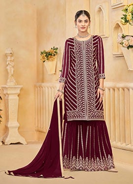 Maroon Georgette Zari Embroidered Sequins Pakistani Sharara Suit