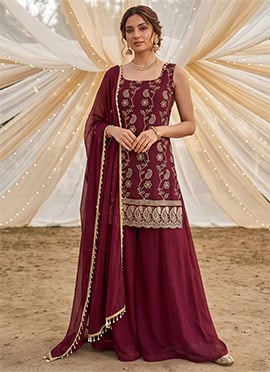 Maroon Georgette Zari Floral Embroidered Sequins Palazzo Suit