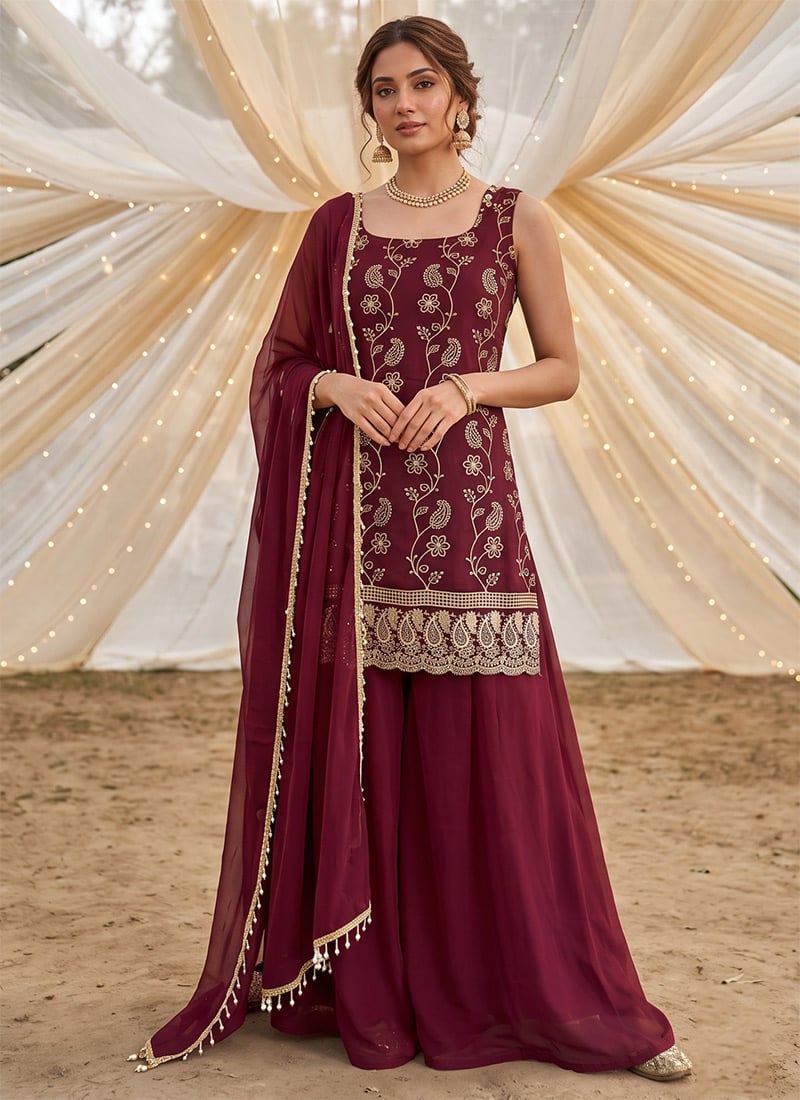 Maroon Georgette Zari Floral Embroidered Sequins Palazzo Suit Festive Wear