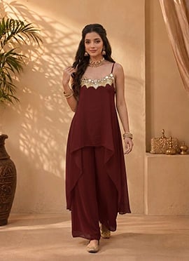 Maroon Georgette Zari Foil Mirror Embroidery Kurta Palazzo Set