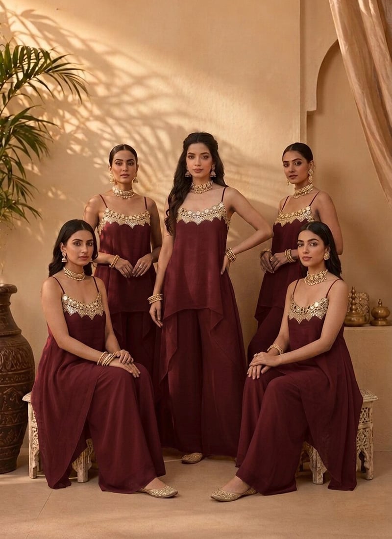 Maroon Georgette Zari Foil Mirror Embroidery Kurta Palazzo Set After Six Wear