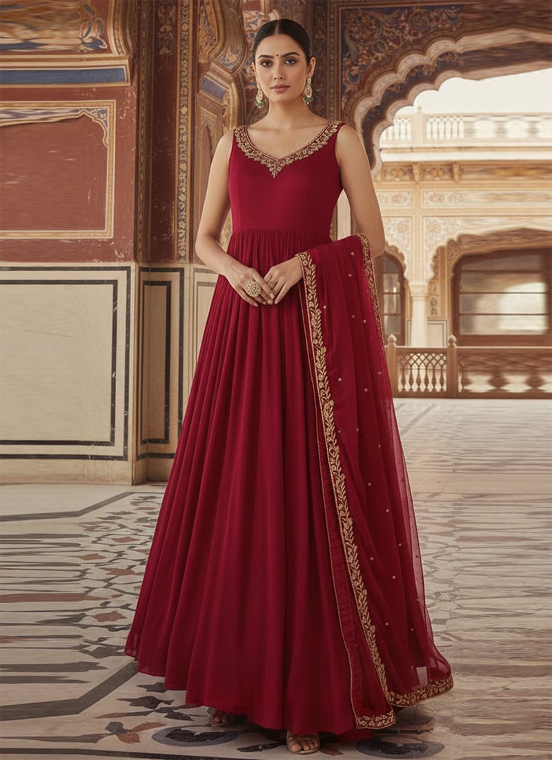 Maroon Georgette Zari Hand Embroidered Sequins A Line Anarkali Suit Wedding Wear