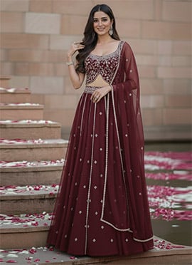 Maroon Georgette Zari Hand Embroidered Sequins Lehenga