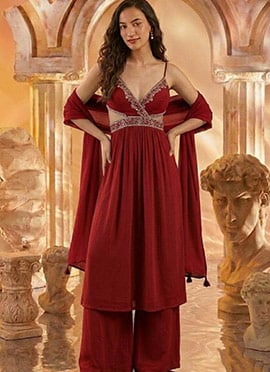 Maroon Georgette Zari Hand Embroidered Stone With Beads Work Palazzo Suit