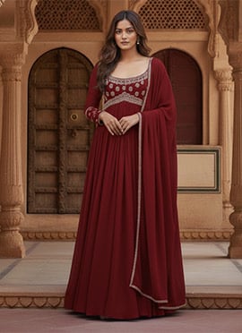 Maroon Georgette Zari Hand Embroidered With Beads Work A line Anarkali Suit