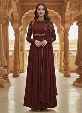 Maroon Georgette Zari Hand Embroidered With Beads Work A Line Anarkali Suit