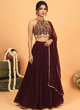 Maroon Georgette Zari Mirror Work Sequins Embroidered Lehenga