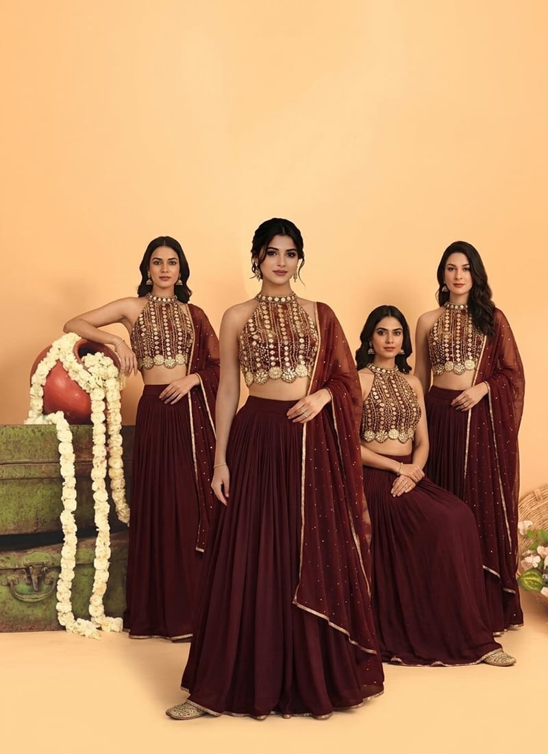 Maroon Georgette Zari Mirror Work Sequins Embroidered Lehenga Wedding Wear